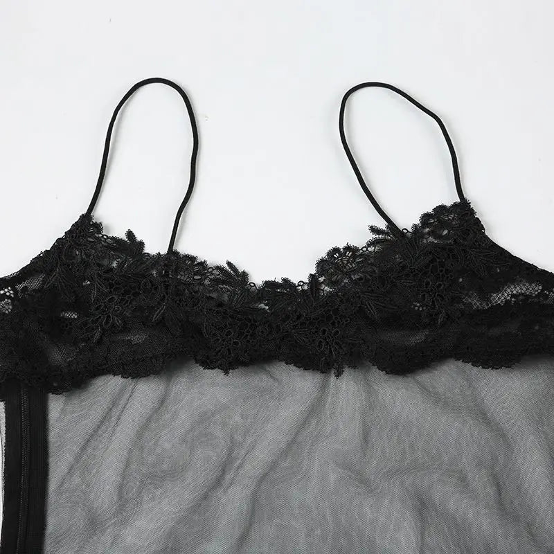 Sheer Lace Mesh Camisole Mini Dress