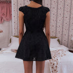 Fairy French Style Retro Cute Lace Trim Tie Up Bow Hollow Out A-line Vintage Jacquard Mini Dress