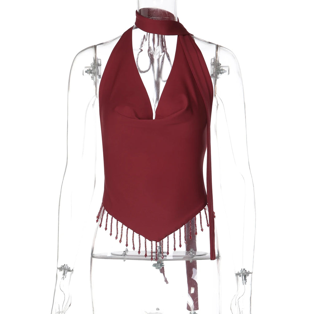 Halter V Neck Backless Crop Top With Lace Up Crystal Tassels