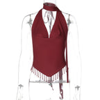 Halter V Neck Backless Crop Top With Lace Up Crystal Tassels
