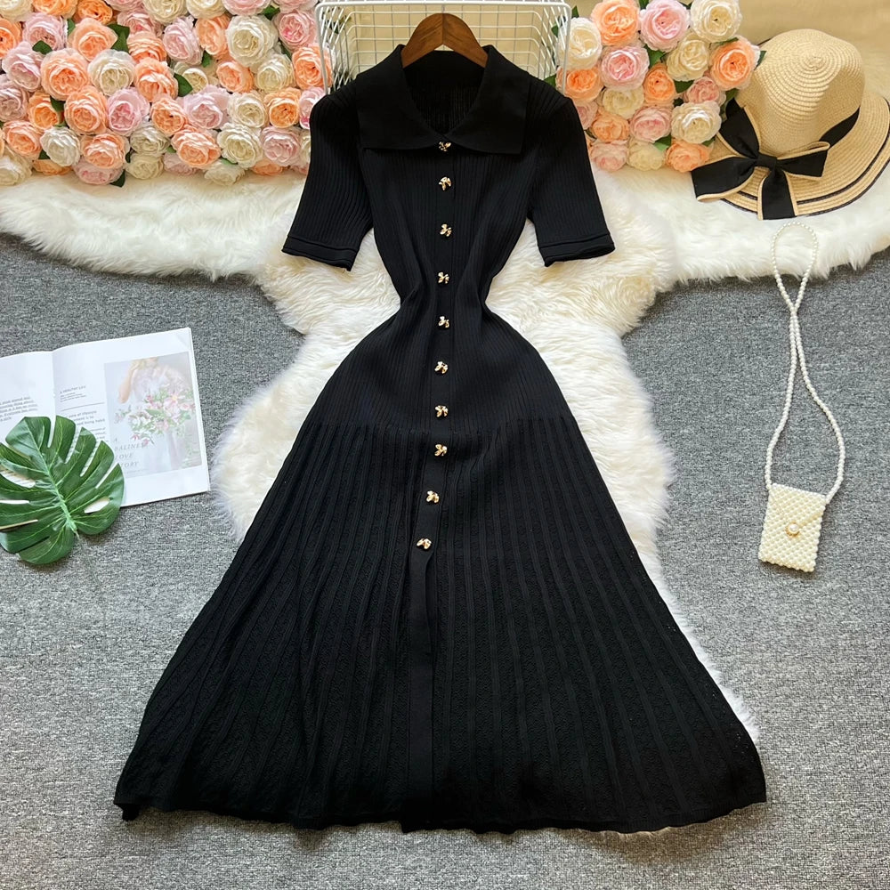 Vintage Inspired Turn Down Collar Knit Maxi Shirt Dress
