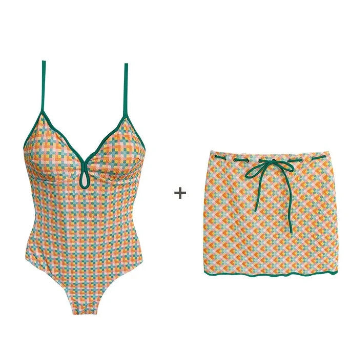 Women's Plaid One-Piece Swimsuit with Separate Two-Piece