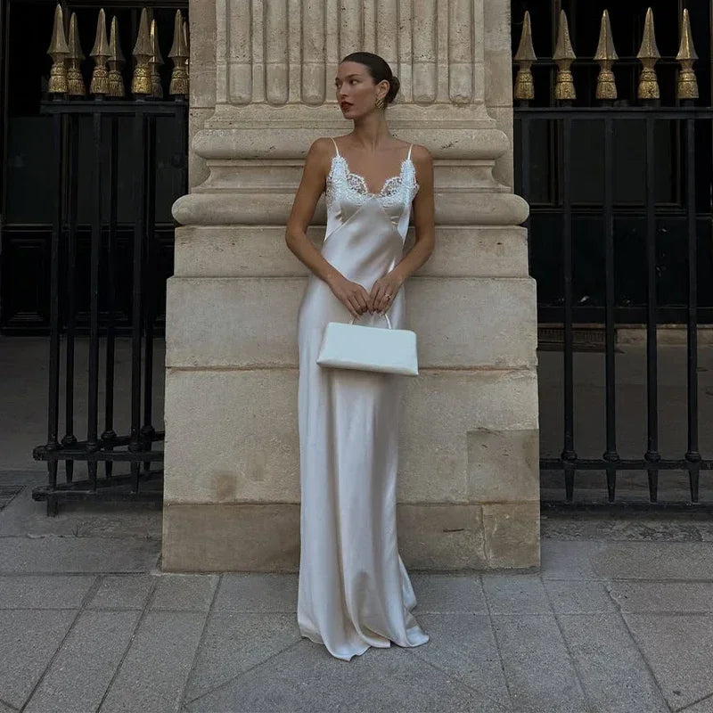 V-Neck Satin Sling Maxi Dress With Lace Patchwork Backless Evening Gown