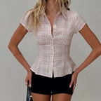 Vintage Plaid Button Down Shirt For Women Short Sleeve Blouse
