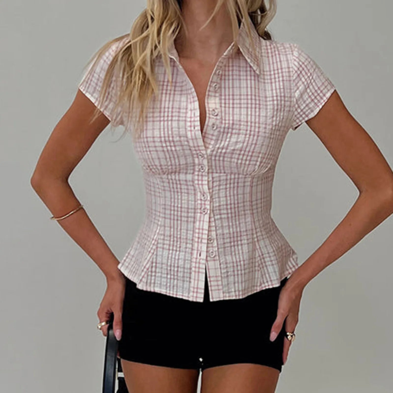 Vintage Plaid Button Down Shirt For Women Short Sleeve Blouse