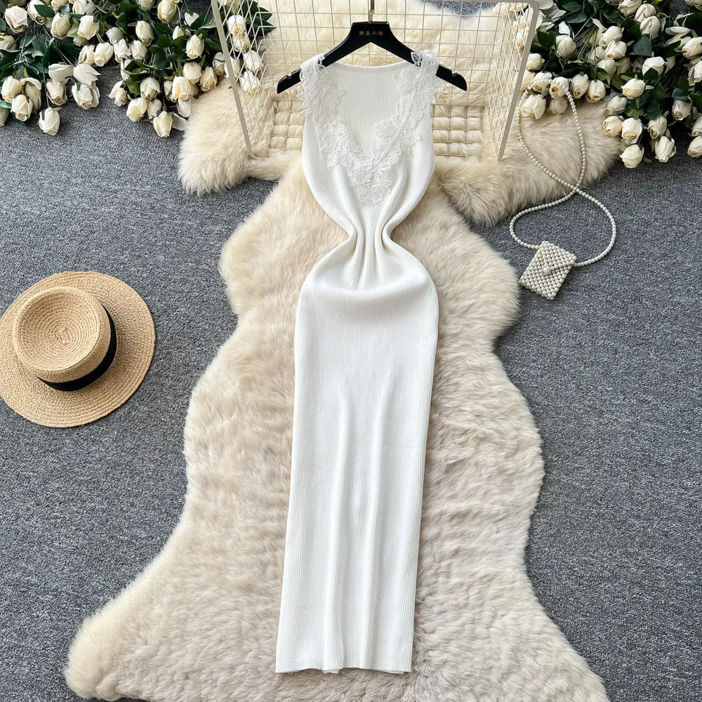 French Style Lace Knit Sleeveless Bodycon Maxi Dress