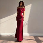 Retro Off Shoulder Satin Dress With Panel Back A Line Silhouette Long