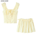 Radiant Bow Accent Ruched Bust Tank Top With Open Button Front And Rope Laced Waist Mini Skirt Set