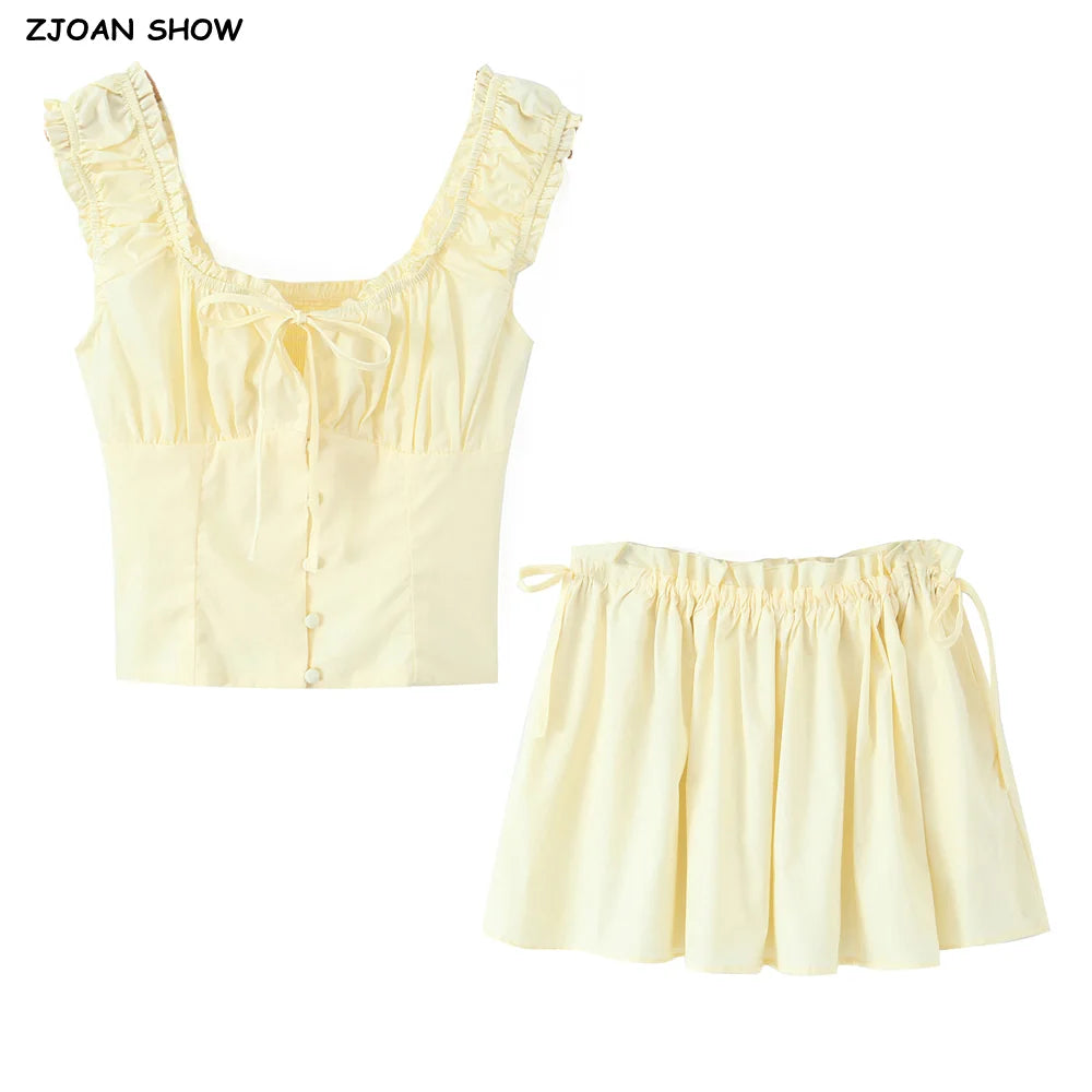 Radiant Bow Accent Ruched Bust Tank Top With Open Button Front And Rope Laced Waist Mini Skirt Set