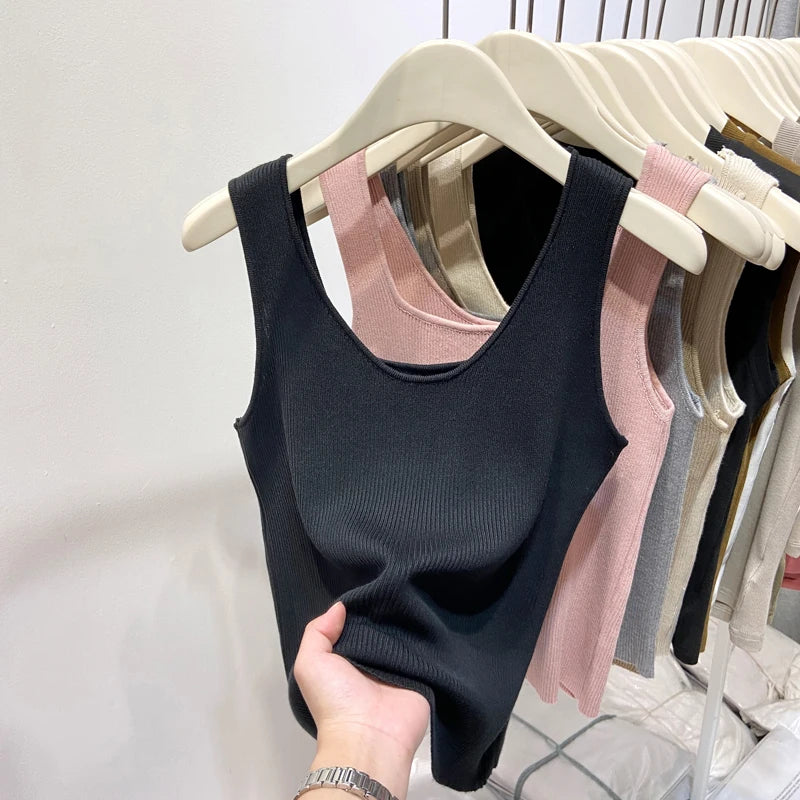 Knitted Strap Top With Clavicle Square Collar