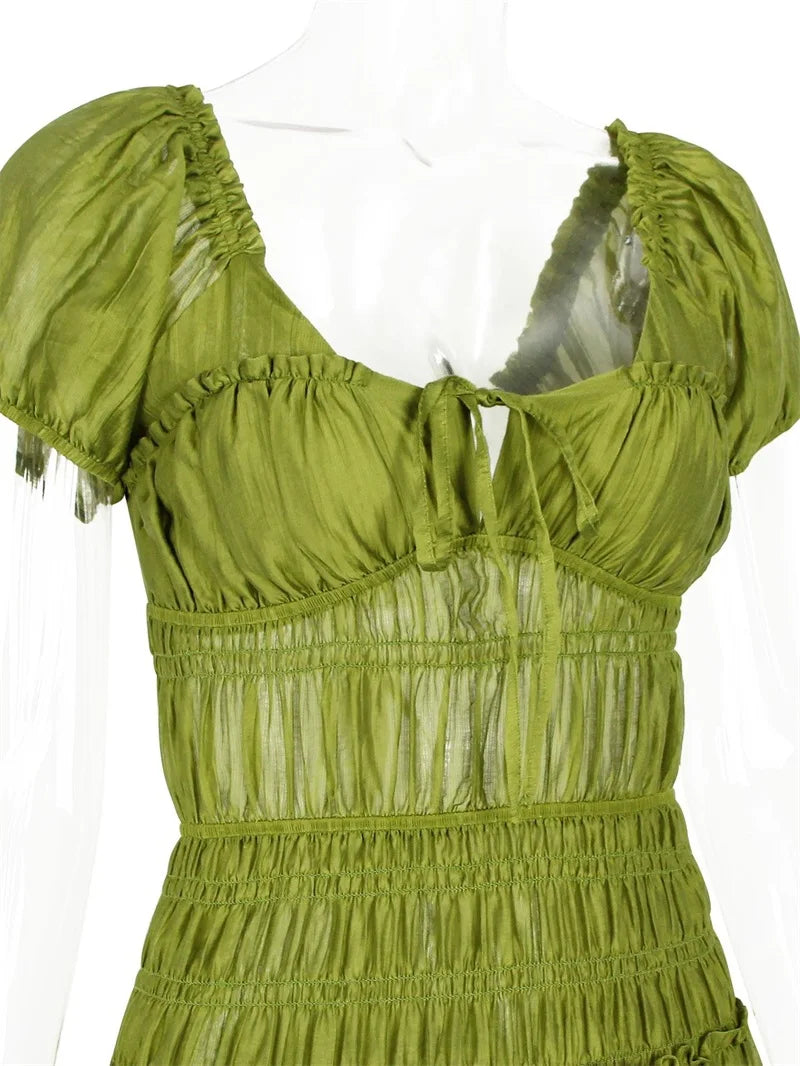 Vibrant Lace Up Back A Line Dress With Short Sleeves