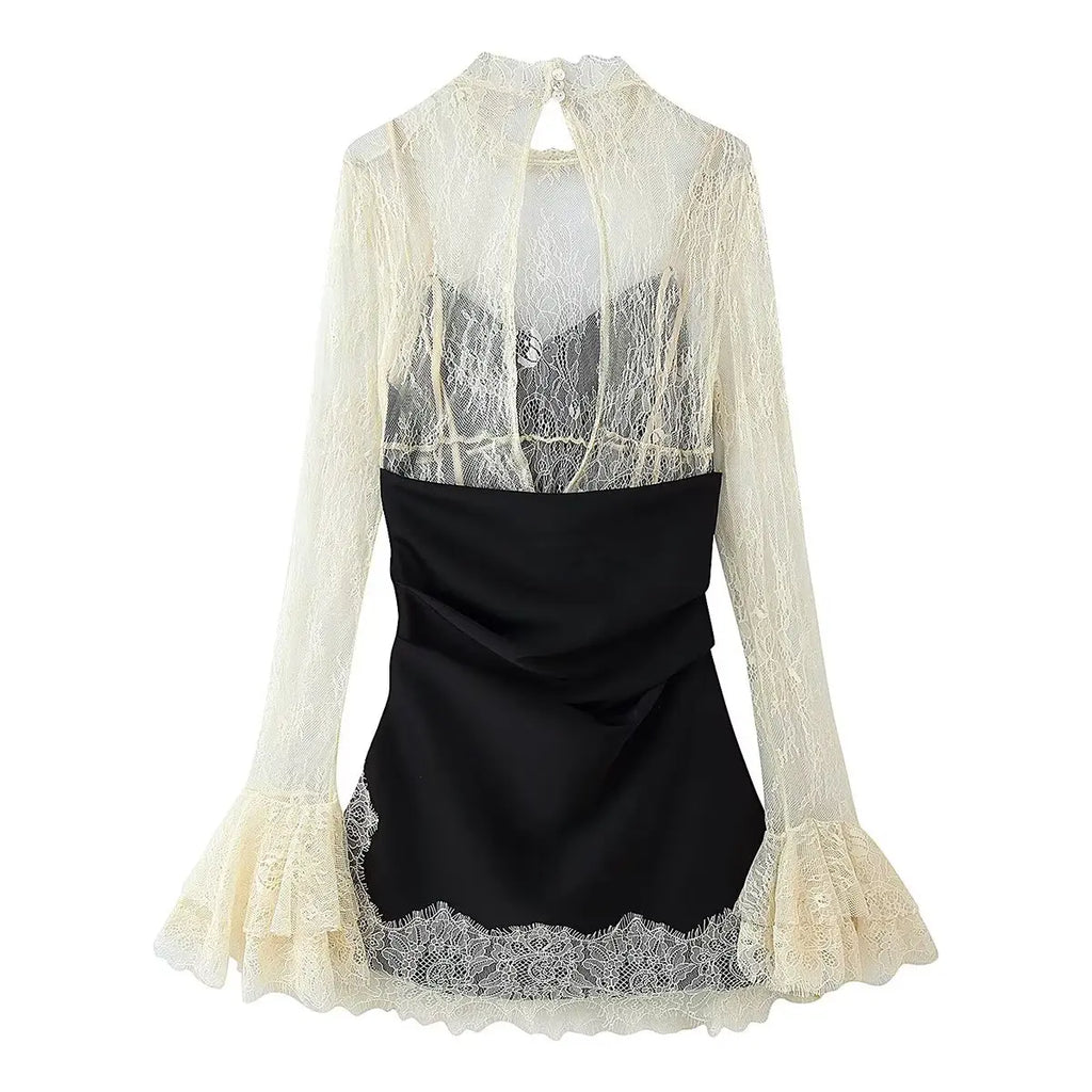 Lace Patchwork Mini Dress With Vintage Contrast Slim Long Sleeves