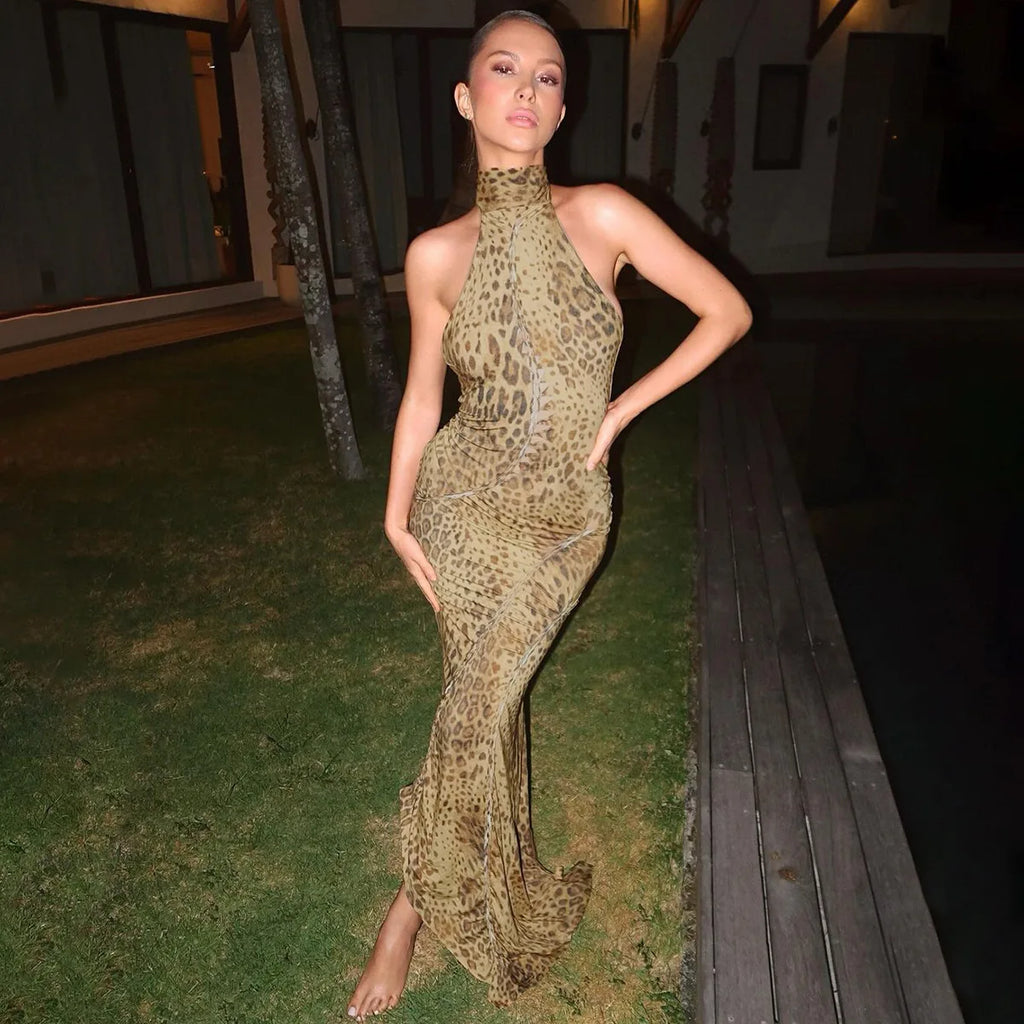 Leopard Print Halter Maxi Dress With Backless Silhouette Embellished Bandage Style
