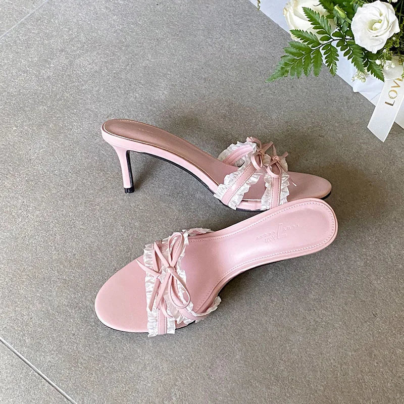 Butterfly Knot Heeled Slippers For Women Round Toe Slip On Sandals With Slim Heels