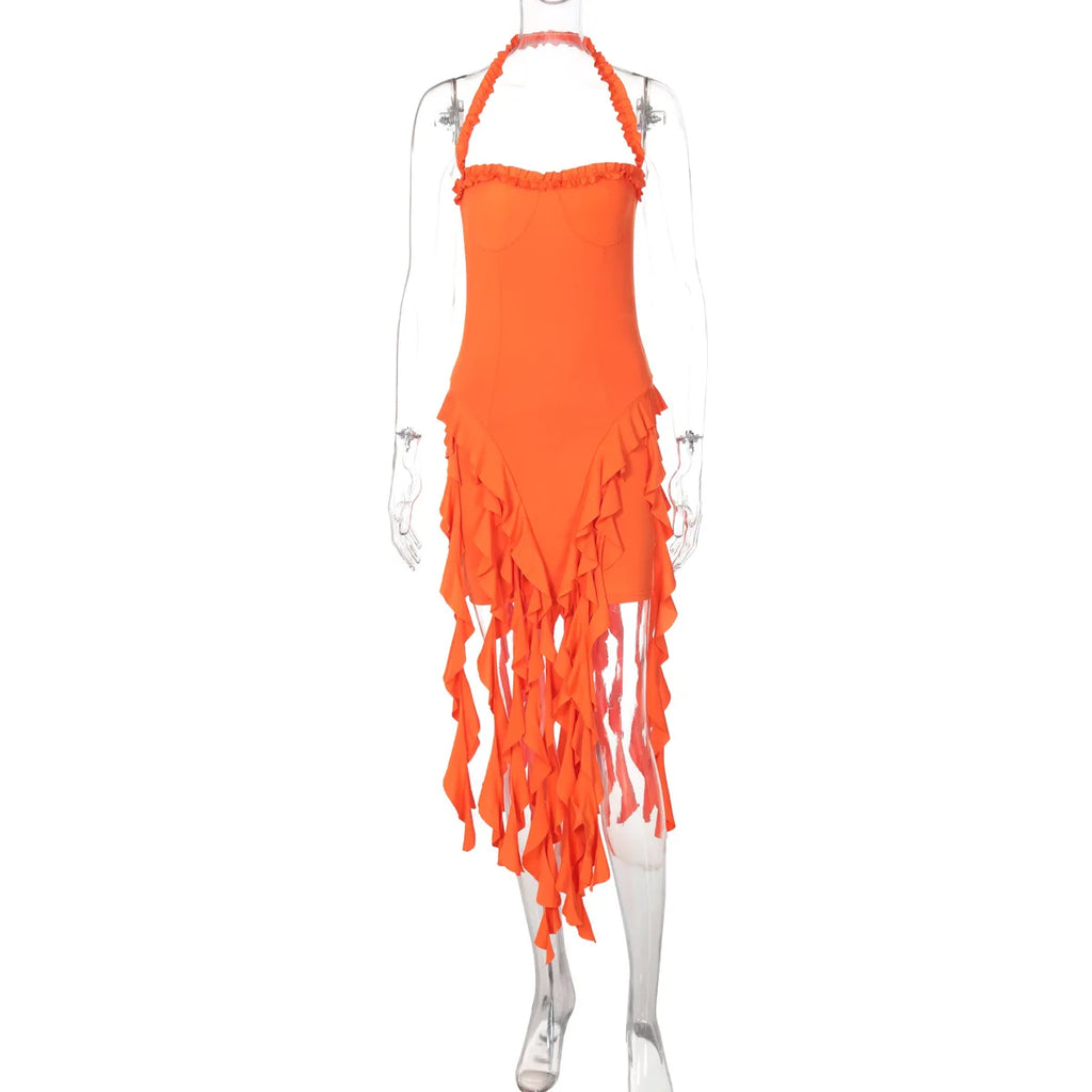 Elegant Halter Backless Ruffles Mini Dress Slim Fit With Tassel Detail