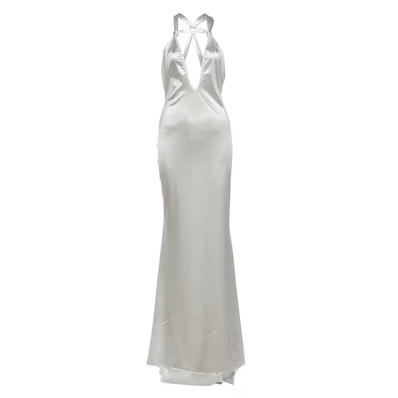 Silky Satin Evening Gown With Low Neck Backless Design Sleeveless Maxi Dress