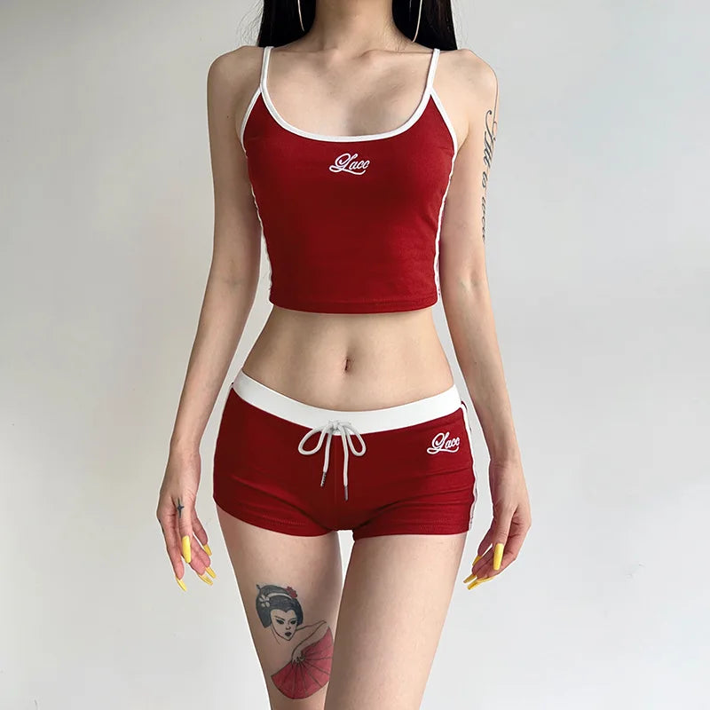 Embroidery Letter Contrast Set With Backless Camisole Top And Drawstring Elastic Shorts