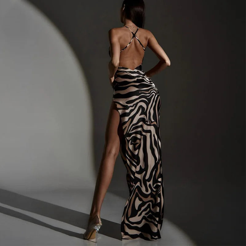 Zebra Print Maxi Dress With Lace Patchwork And Backless Slit l