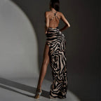 Zebra Print Maxi Dress With Lace Patchwork And Backless Slit l