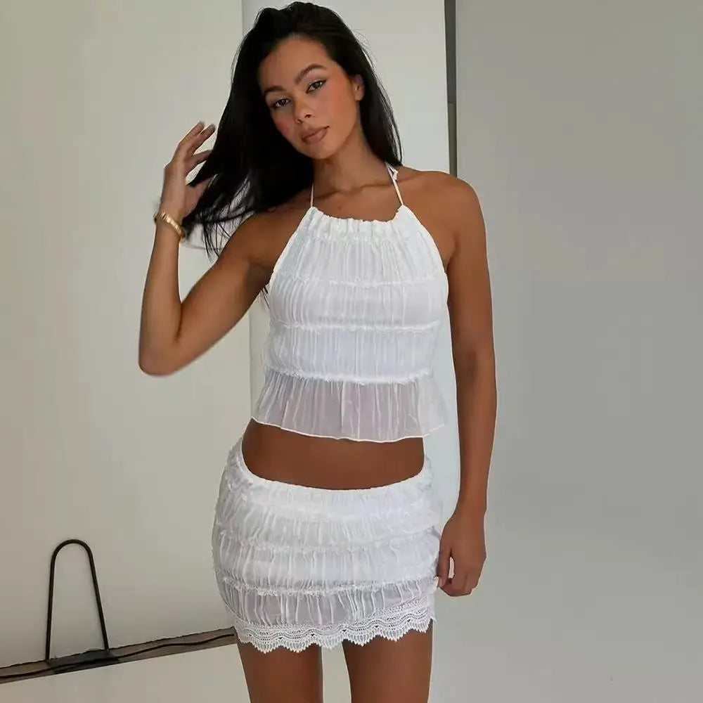 Halter Neck Backless two piece Pleated Skirt Set