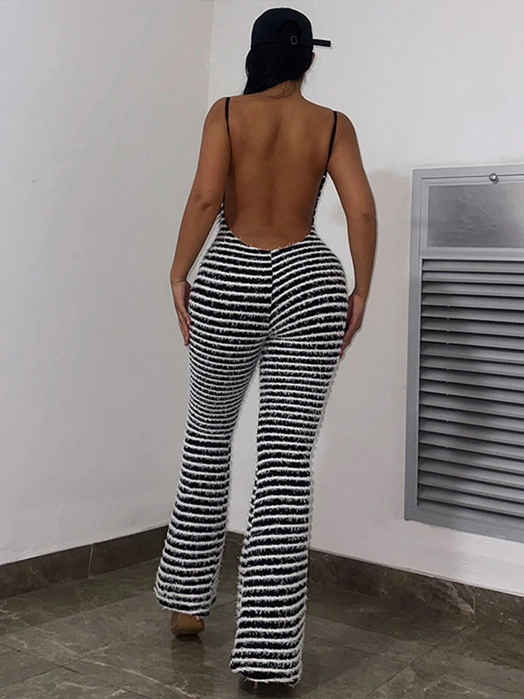 Backless Striped Jumpsuit With High Waist Flare Legs