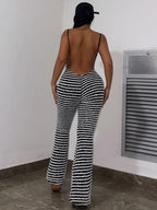 Backless Striped Jumpsuit With High Waist Flare Legs