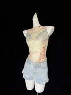 Chic Double Layer Mesh Tee With Elegant Print And High Collar Short Sleeve Women Net Shirt