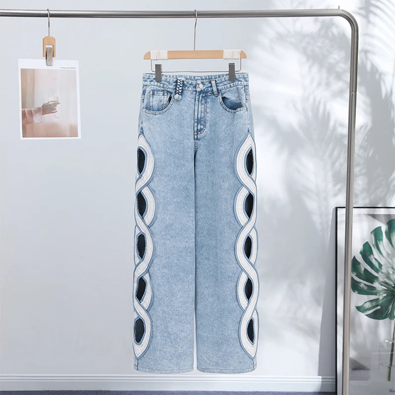 Side Hollow Out High Waist Jeans With Straight Leg Denim