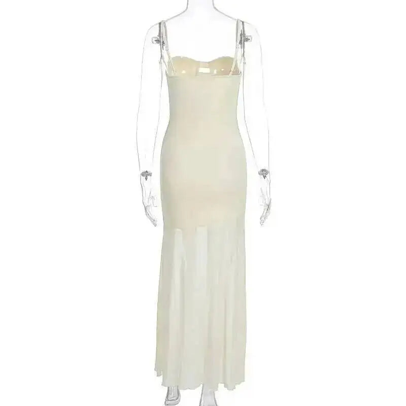 Backless Hollow Mesh Spaghetti Strap Gown Elegant Long Evening Dress