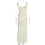 Backless Hollow Mesh Spaghetti Strap Gown Elegant Long Evening Dress