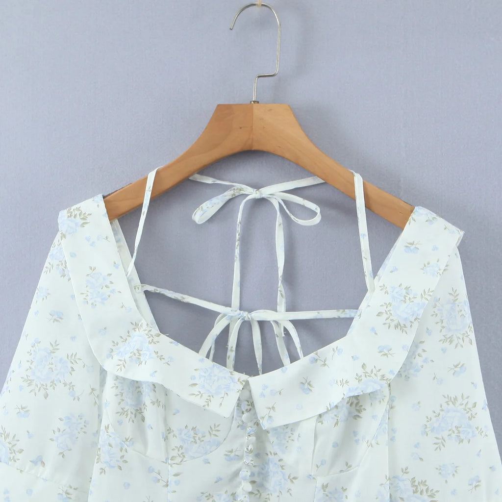 Floral Corset Style Crop Top With Cross Lacing And Ruffle Square Collar Three Quarter Sleeve
