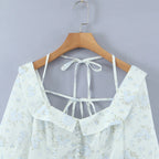 Floral Corset Style Crop Top With Cross Lacing And Ruffle Square Collar Three Quarter Sleeve