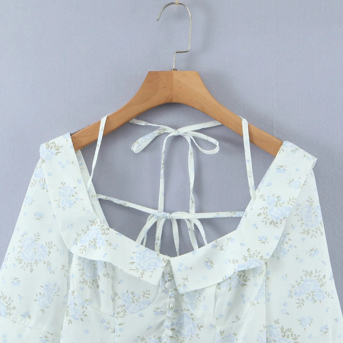 Floral Corset Style Crop Top With Cross Lacing And Ruffle Square Collar Three Quarter Sleeve