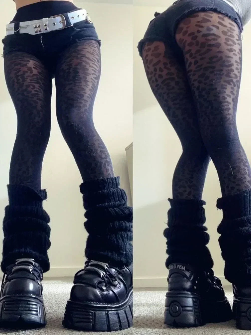 Gothic Leopard Sheer Stockings With Transparent Finish Seamless Pantyhose Edge