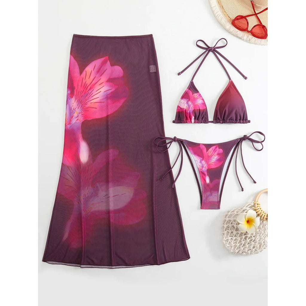 Flowers Printed With Skirt Halter Bikini Three-pieces Bikini set