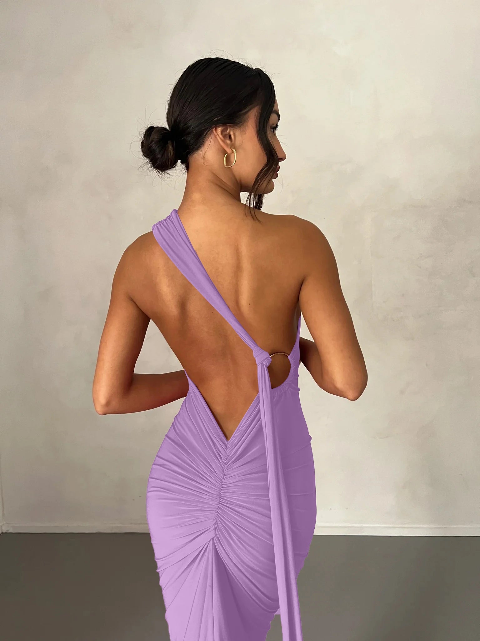 One Shoulder Backless Ruched Dress