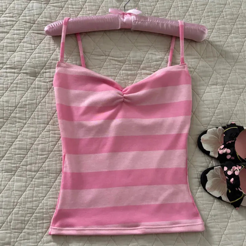 Retro Striped Vest Camisole Top With Color Block Detail
