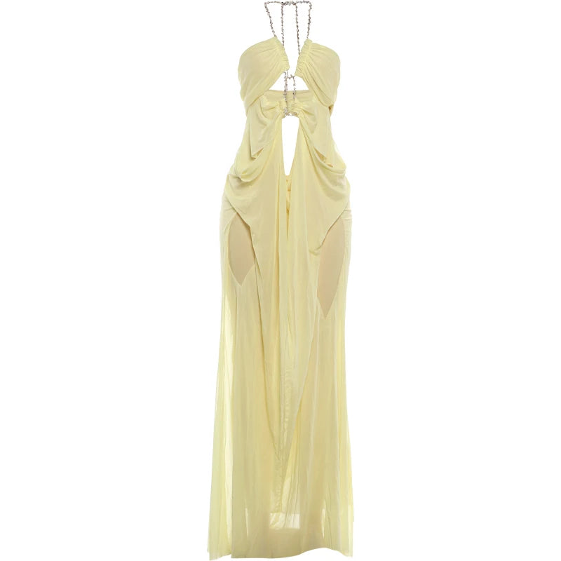 Sheer Halter Gown With Chain Detailing Backless Sleeveless