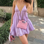 Purple Chiffon Backless Sundress With Deep V Neck A-Line Mini