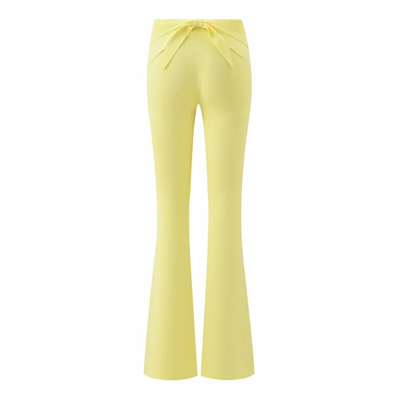 Boutique Knit Flared Pants With Elastic Waist And Back Bow Detail Slim Fit Trousers