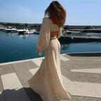 Polka Dot Two-piece Set Square Neck Puff Sleeve Cropped Top With Lace Trim Maxi Skirt