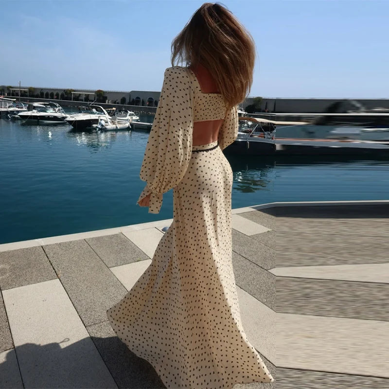 Polka Dot Two-piece Set Square Neck Puff Sleeve Cropped Top With Lace Trim Maxi Skirt