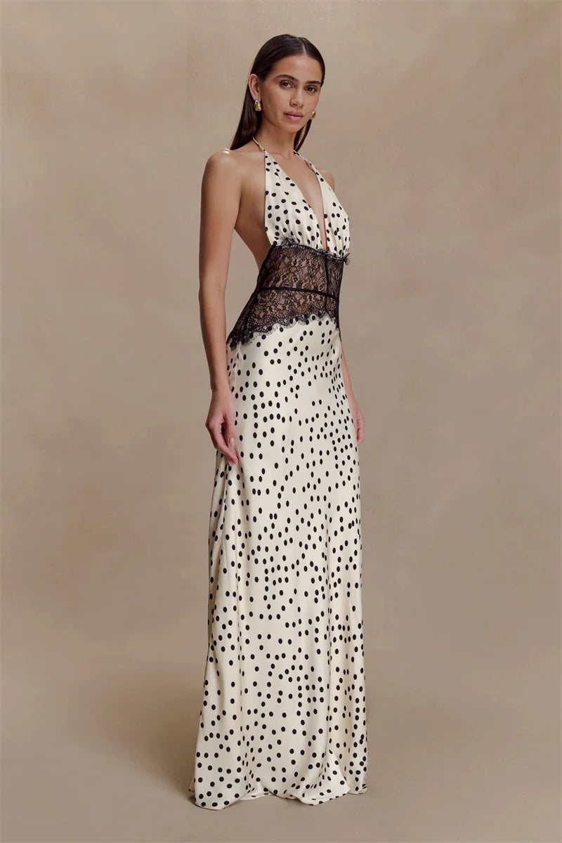 Polka Dot Backless Maxi Dress With Lace Patchwork Halter Neck Deep V Bodycon Evening Gown
