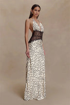 Polka Dot Backless Maxi Dress With Lace Patchwork Halter Neck Deep V Bodycon Evening Gown