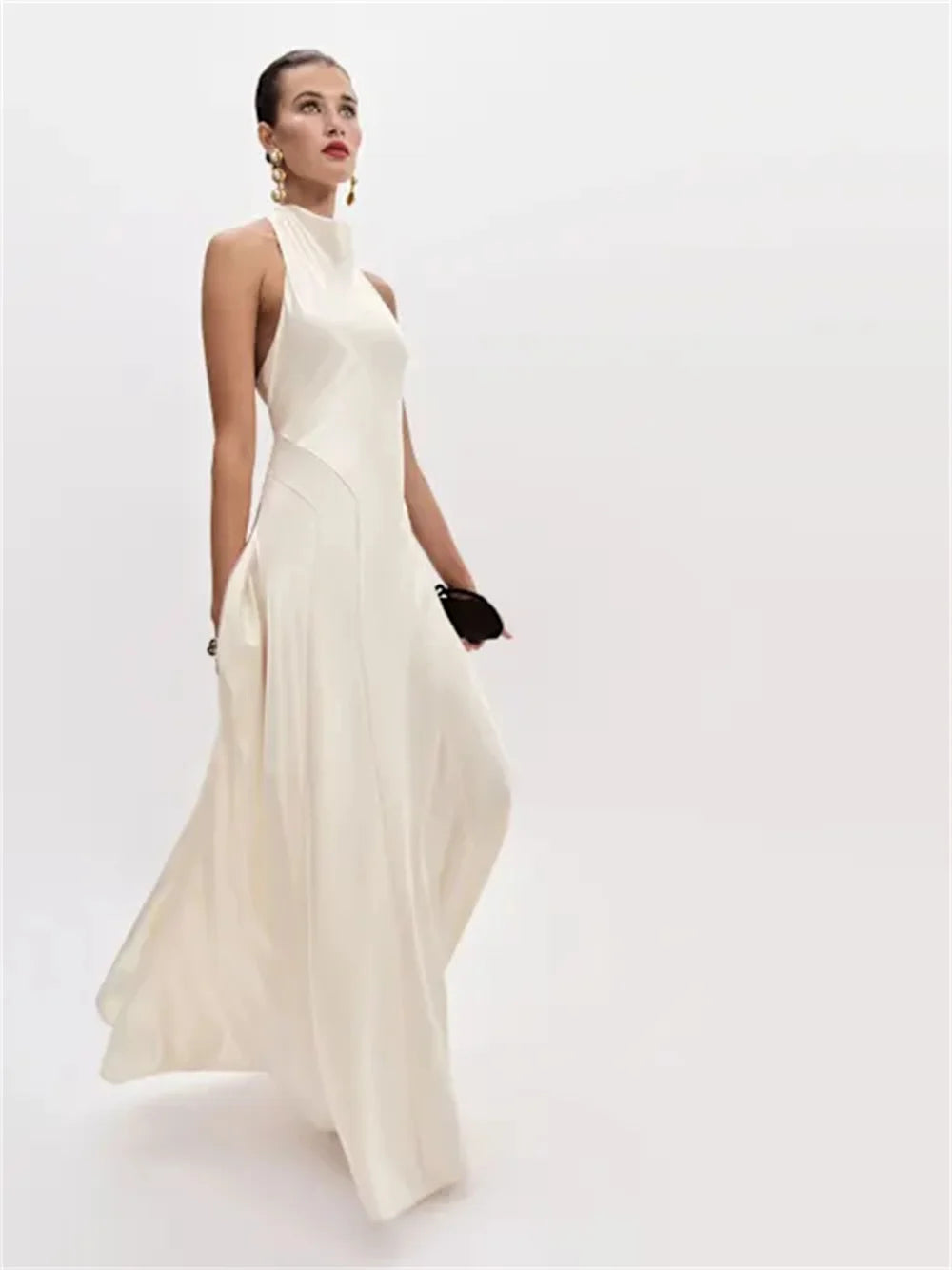 White Satin Halter Neck Gown With Backless Design Floor Length Dress