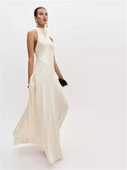 White Satin Halter Neck Gown With Backless Design Floor Length Dress