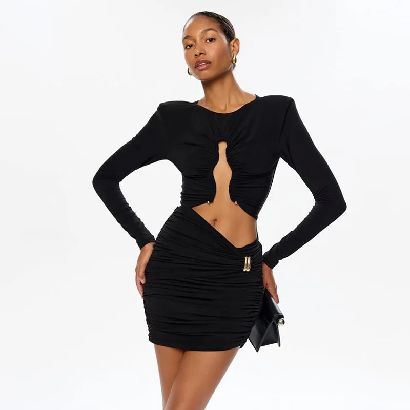 Hollow Out O Neck Long Sleeves Sheath Dress With Hip Wrap Mini