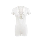 Sexy Lace Up Front Short Sleeve Playsuit In Knit Fabric Flirty One Piece Romper