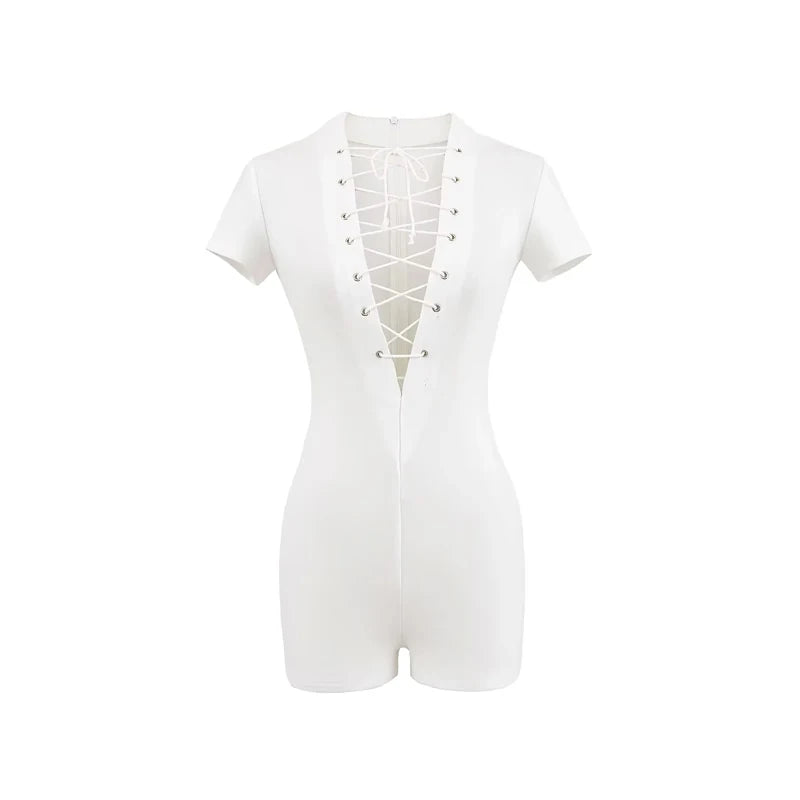 Sexy Lace Up Front Short Sleeve Playsuit In Knit Fabric Flirty One Piece Romper