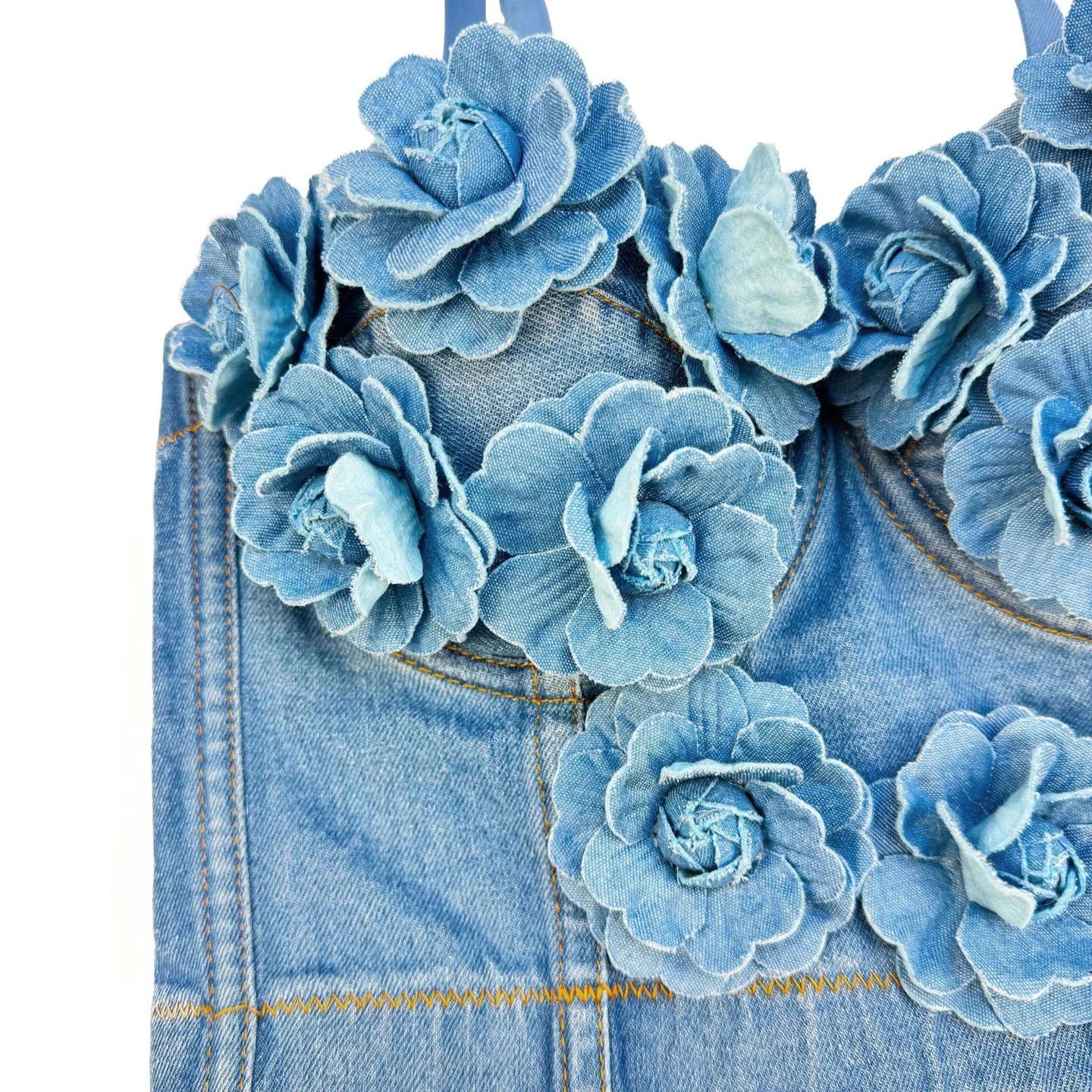 Handmade Beaded Flower Embellishment Denim Corset Vest Top
